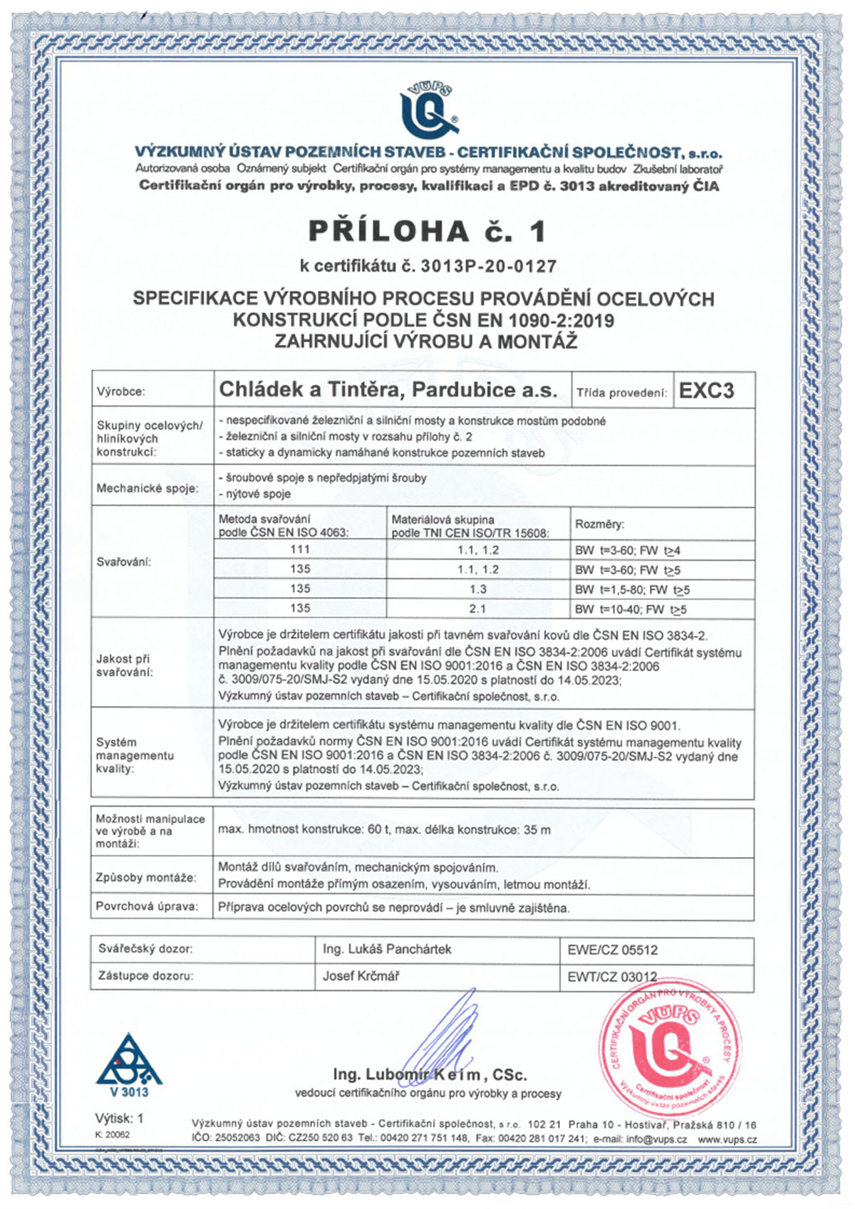 Certifikát EXC 3 2020 2
