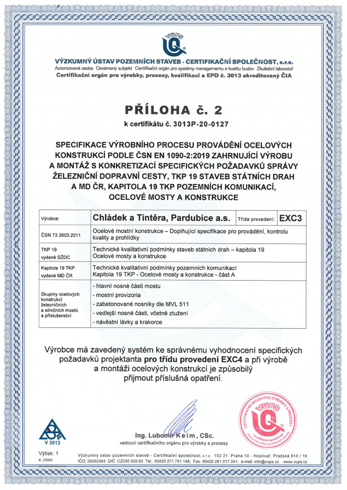 Certifikát EXC 3 2020 3