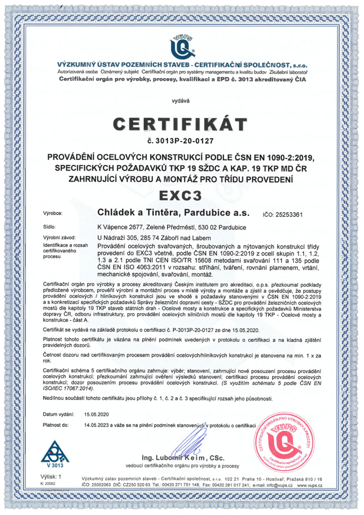 Certifikát EXC 3 2020 1